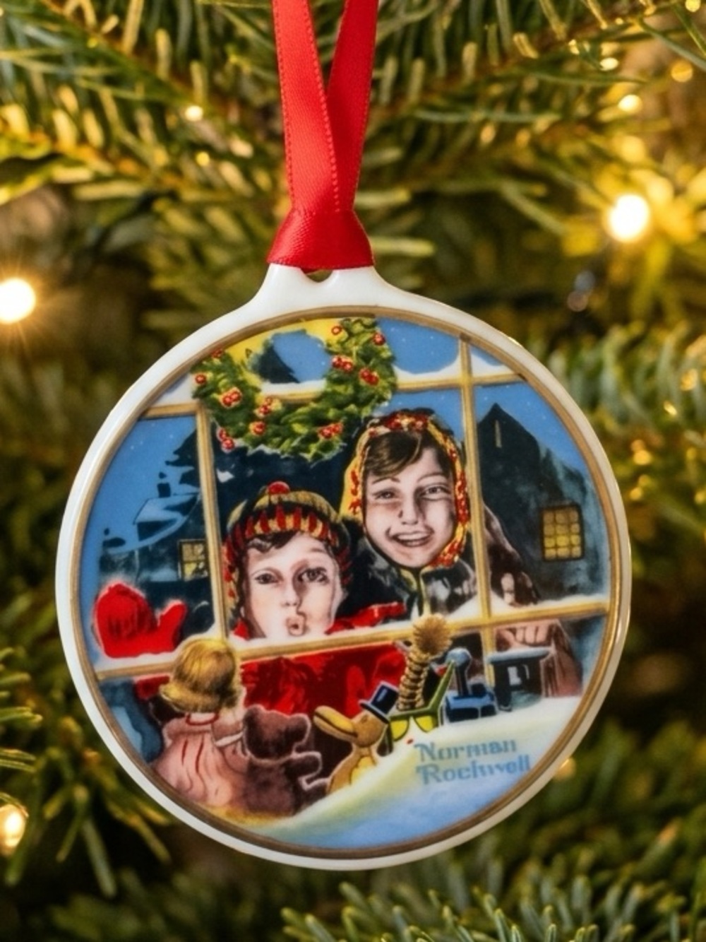 Norman Rockwell Classic Christmas Window Scene Porcelain Ornament 2.5"